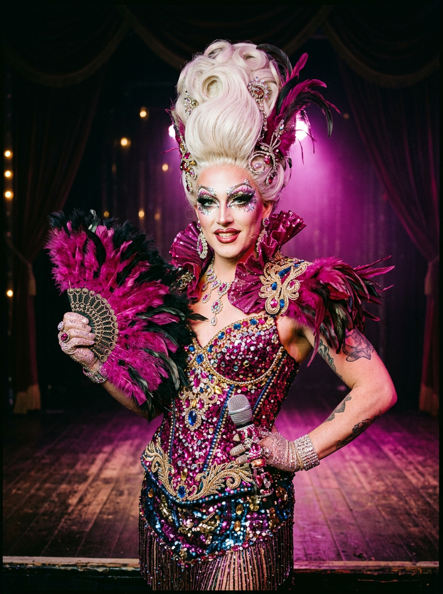Cabaret drag artist in a jewelled costume holding a feather fan