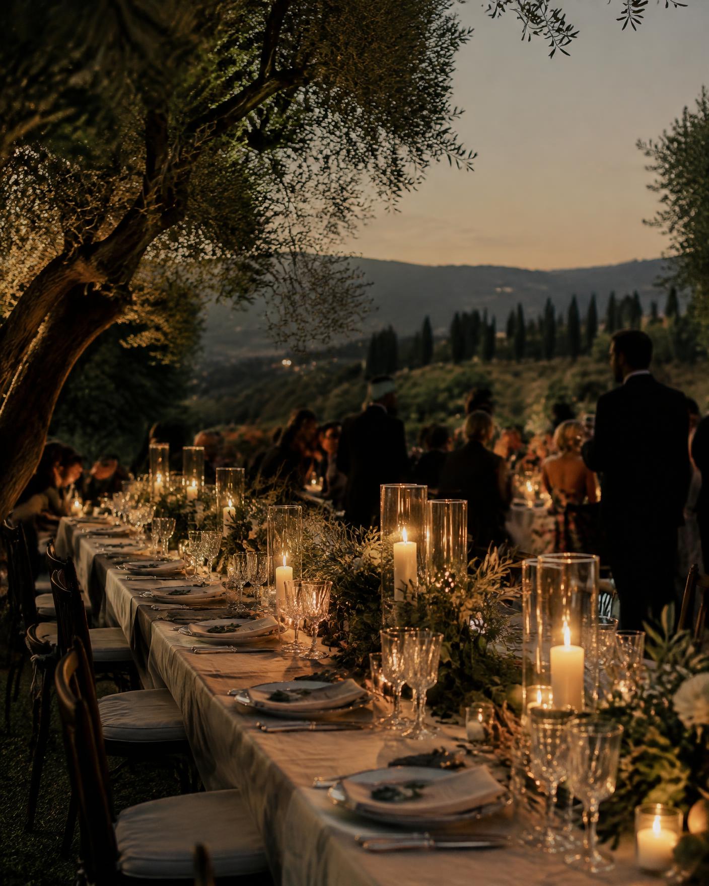 An intimate candlelit private dinner table set outdoors at dusk